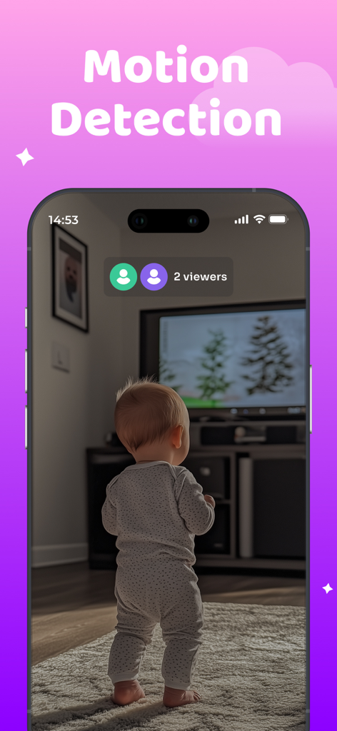 Schermata dell'app Baby Monitor che mostra un feed live con un avviso di rilevamento del movimento e due spettatori attivi