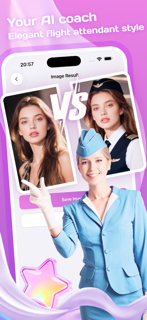 Mobile screen showing Voya AI style coach comparing casual attire with elegant flight attendant professional uniform