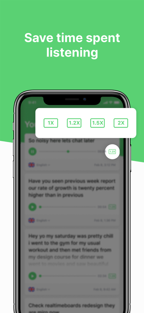 Voicepop - Turn Voice To Text - Voicepop app screen showing voice message transcription and adjustable playback speed options