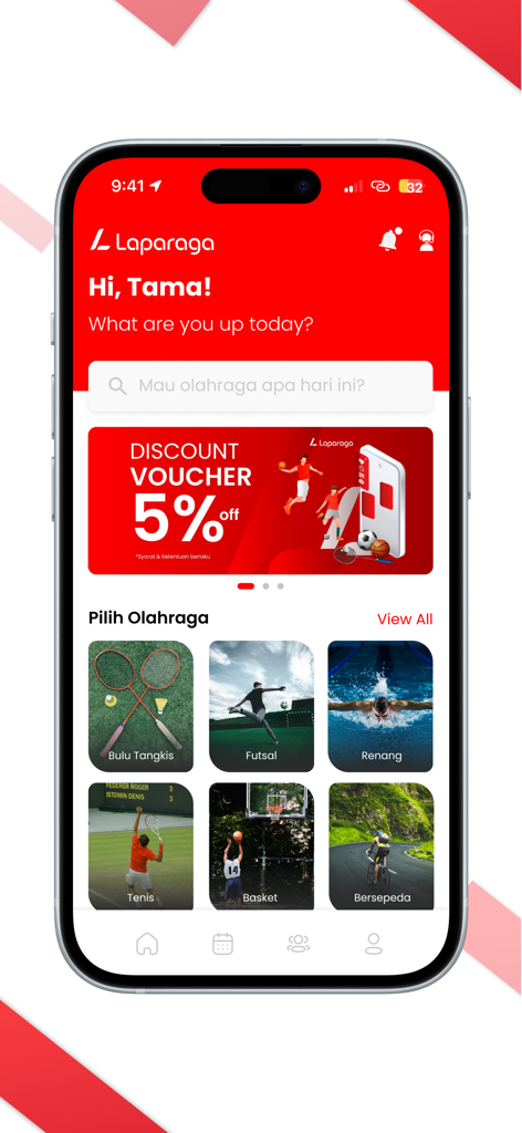 Laparaga - The home screen of the Laparaga app displaying various sports categories and a promotional discount banner