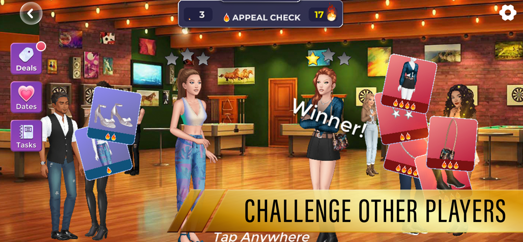 Gameplay screen showing characters in a fashion challenge battle with an Appeal Check score