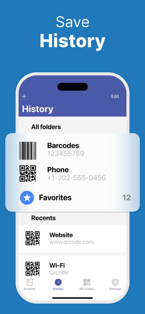 Capture d'écran de l'application Lecteur de codes QR montrant l'historique des scans organisé et les dossiers pour les codes-barres et les sites web.