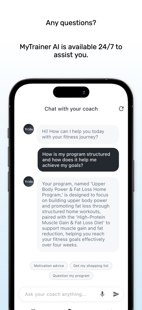 MyTrainer app interface showing the 24/7 AI coach chat for personalized fitness guidance