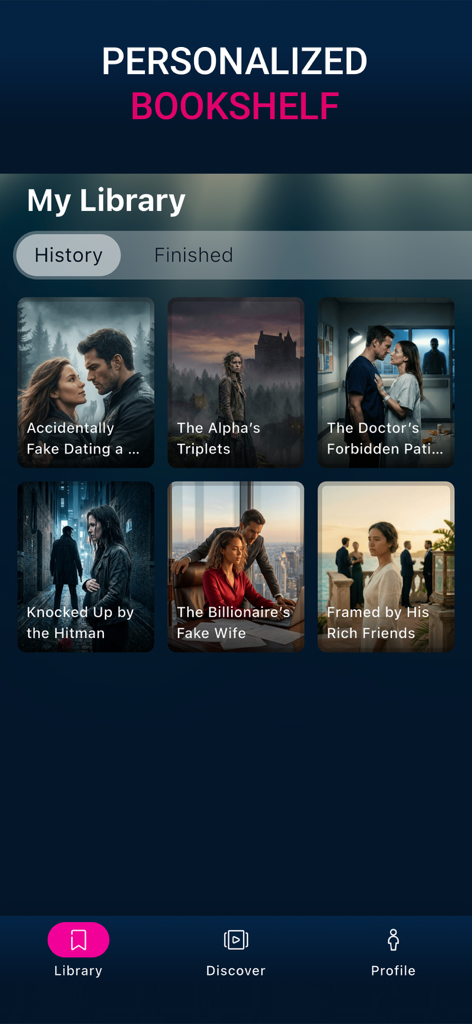 DearStory: Passion for Fiction - DearStoryアプリのパーソナライズされたライブラリを表示する画面。さまざまなロマンスストーリーのタイトルとカバーが表示されています。