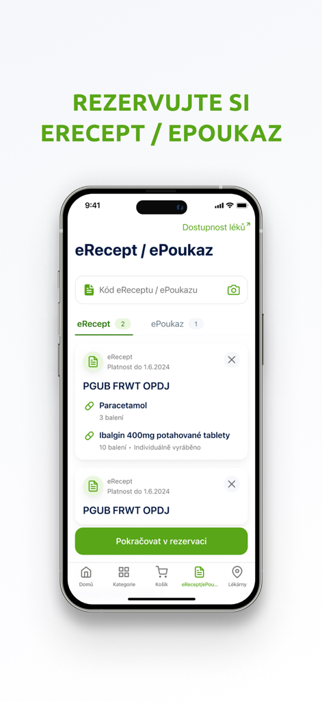 Interfaz de la aplicación BENU Farmacia para reservar eRecetas y medicamentos.