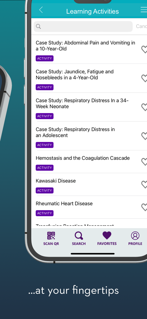 Pediatric Learning Solutions - Interface of the Pediatric Learning Solutions app showing a list of clinical case studies and medical learning activities
