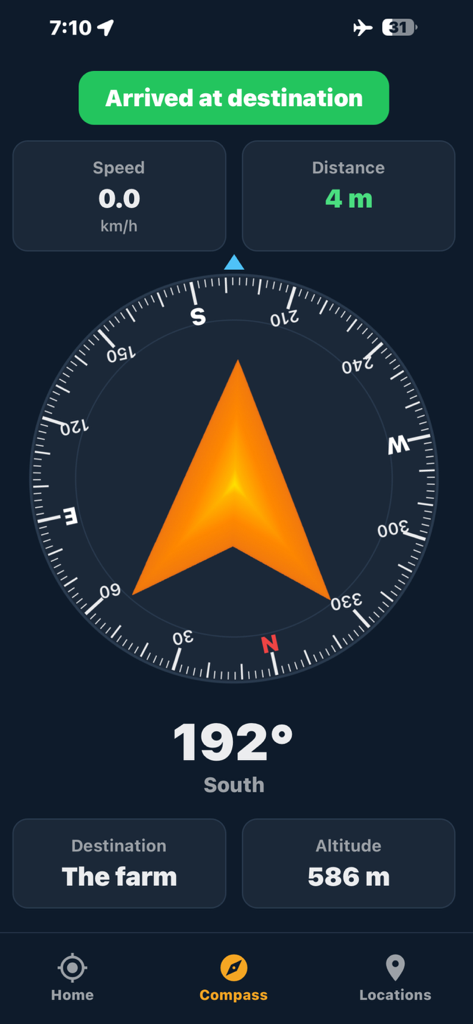 Arrow GPS Offline - Arrow GPS Offline app interface showing a compass with an orange arrow and a notification saying Arrived at destination