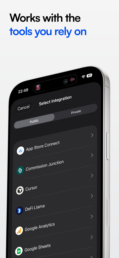 PulseKit - Interfaccia dell'app PulseKit che mostra un elenco di integrazioni di strumenti aziendali tra cui Google Analytics e App Store Connect