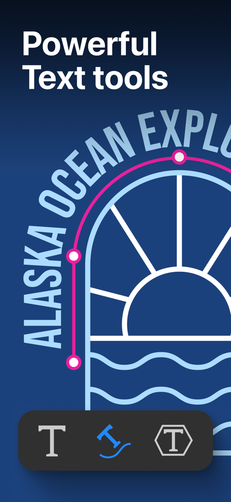 Amadine app screenshot showing vector illustration with text on path and text editing tools