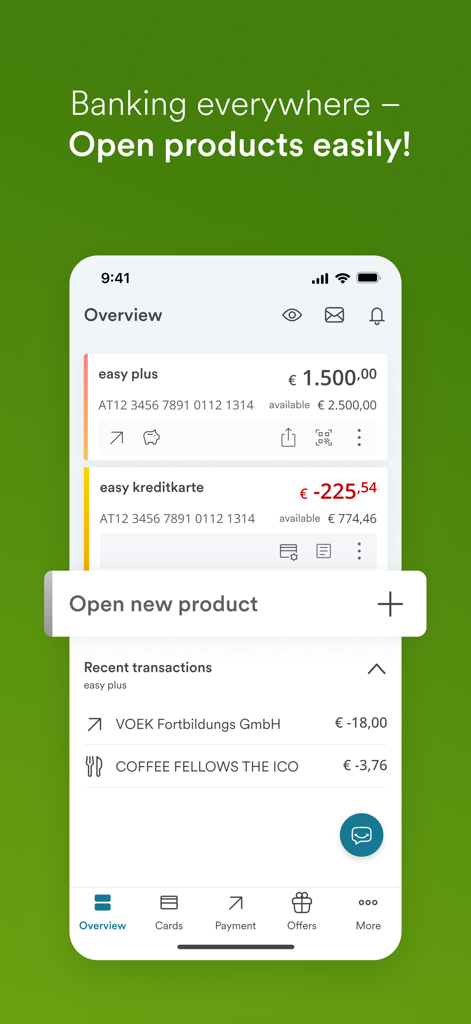 Easybank App Dashboard zeigt Kontostände und aktuelle Transaktionen auf einem Mobilgerät.