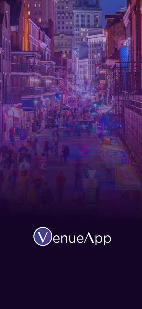 VenueApp splash screen featuring a vibrant night street view of New Orleans and the app logo