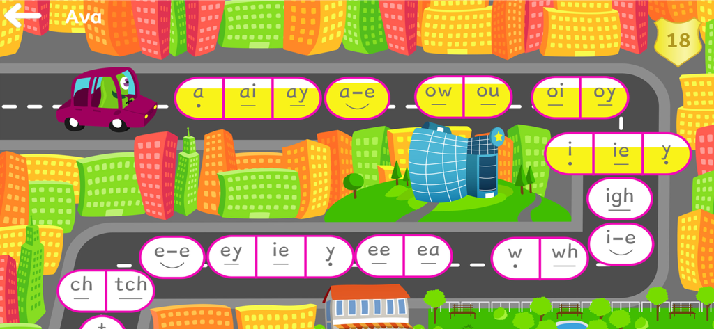 Read with Phonics Games - A colorful city-themed game map in the Read with Phonics app showing a learning path with different letter sounds and Albee the alien in a car.