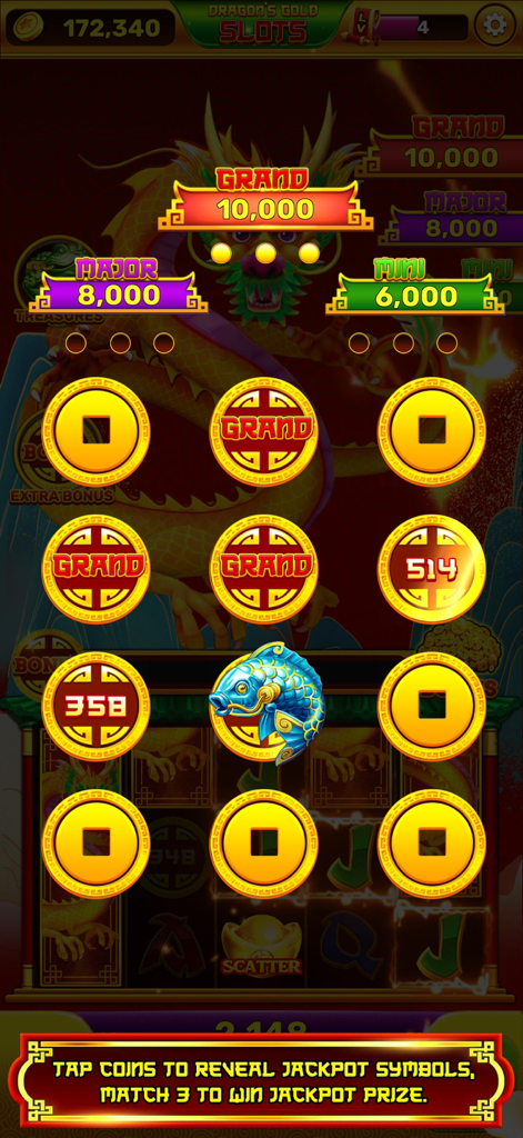 Dragon's Gold Slots - Dragon's Gold Slots jackpot bonus round showing golden coins to reveal match-3 jackpot symbols against a dragon background.