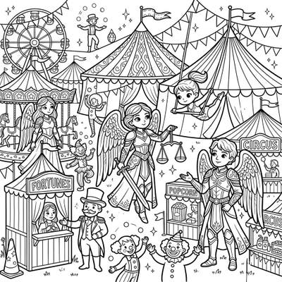 Step right up to a truly unique coloring adventure where heavenly Angels of Justice bring their divine presence to a vibrant carnival fairground. This intricately detailed coloring page blends righteousness with the thrilling energy of a circus, offering a captivating artistic escape.