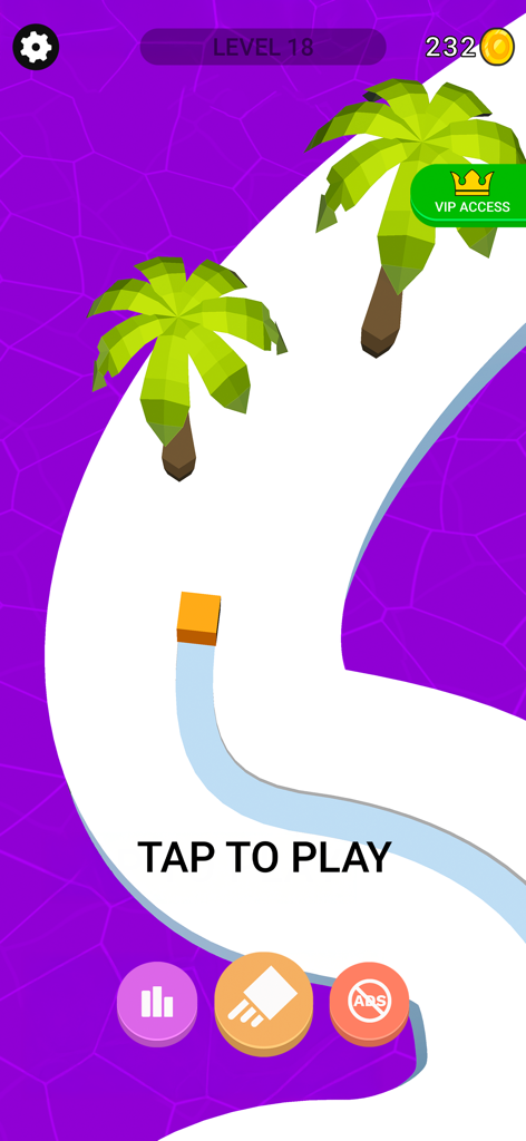 Line Color 3D - Line Color 3Dのゲームプレイ画面。ヤシの木のある曲がりくねった道を進むオレンジのキューブ。