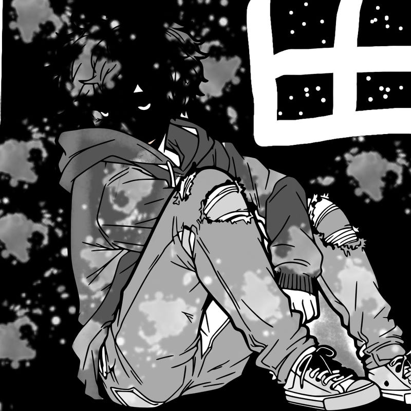 a male hoddie ripped jeans messy hair anime