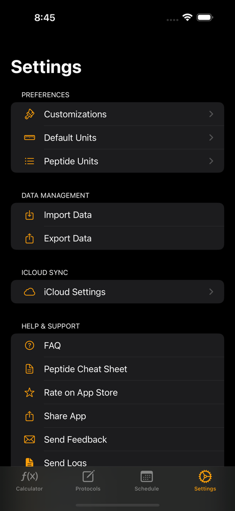 Peptide Calculators - Settings menu of the Peptide Calculators app showing preferences, data management, and icloud sync options.