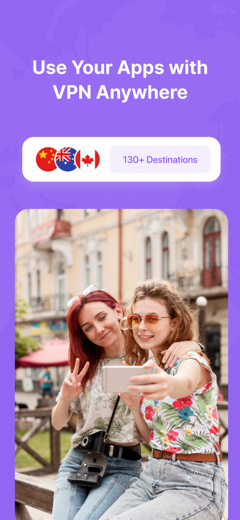 Textr eSIM: Travel Mobile Data - Two travelers taking a selfie in a city using Textr eSIM for travel data and VPN access