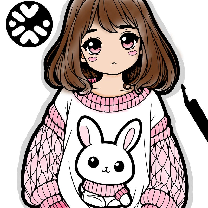 a realistic girl wearing a large sweater with a cute bunny on it