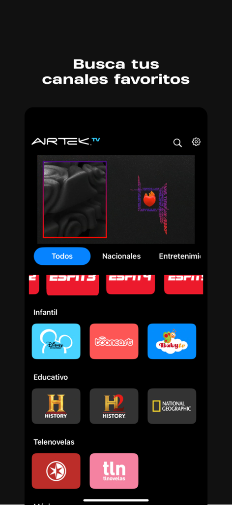Airtek TV mobile interface displaying channel categories for live television including kids education and soap operas
