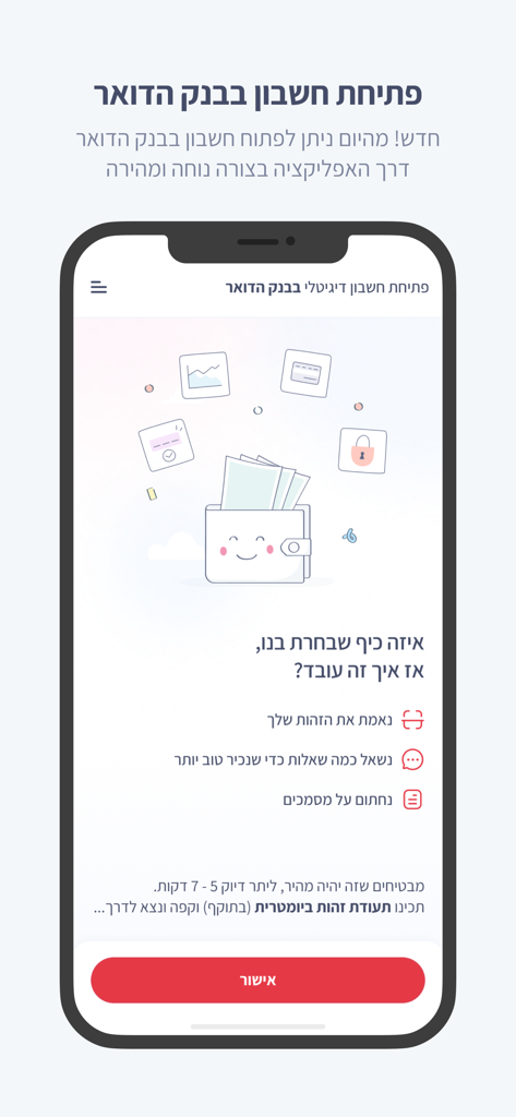 Pantalla de la aplicación Israel Post que muestra los pasos para abrir una cuenta bancaria digital con verificación de identidad y firma de documentos.