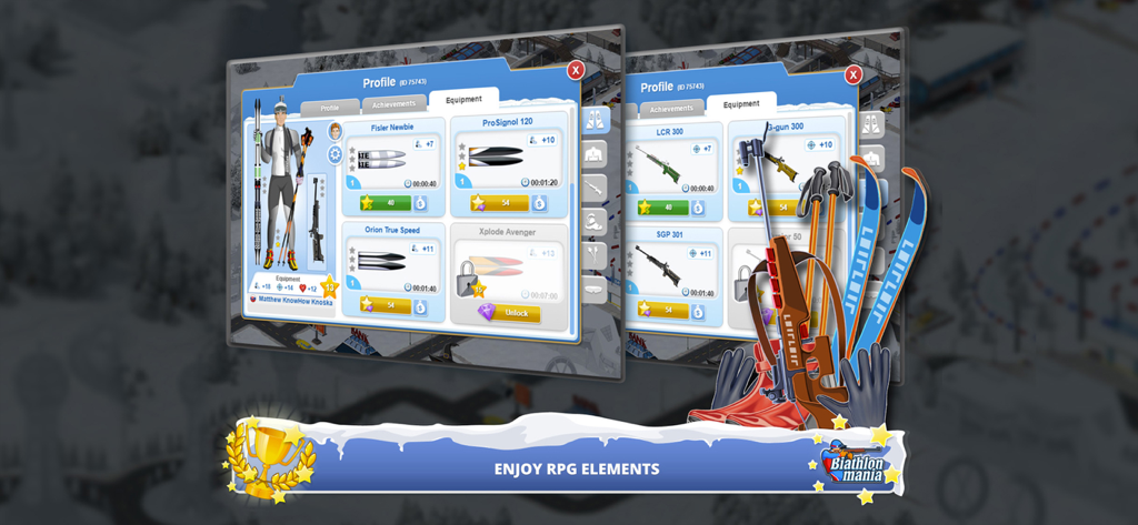 Biathlon Mania game screen showing character profile and equipment upgrades for skis and rifles.