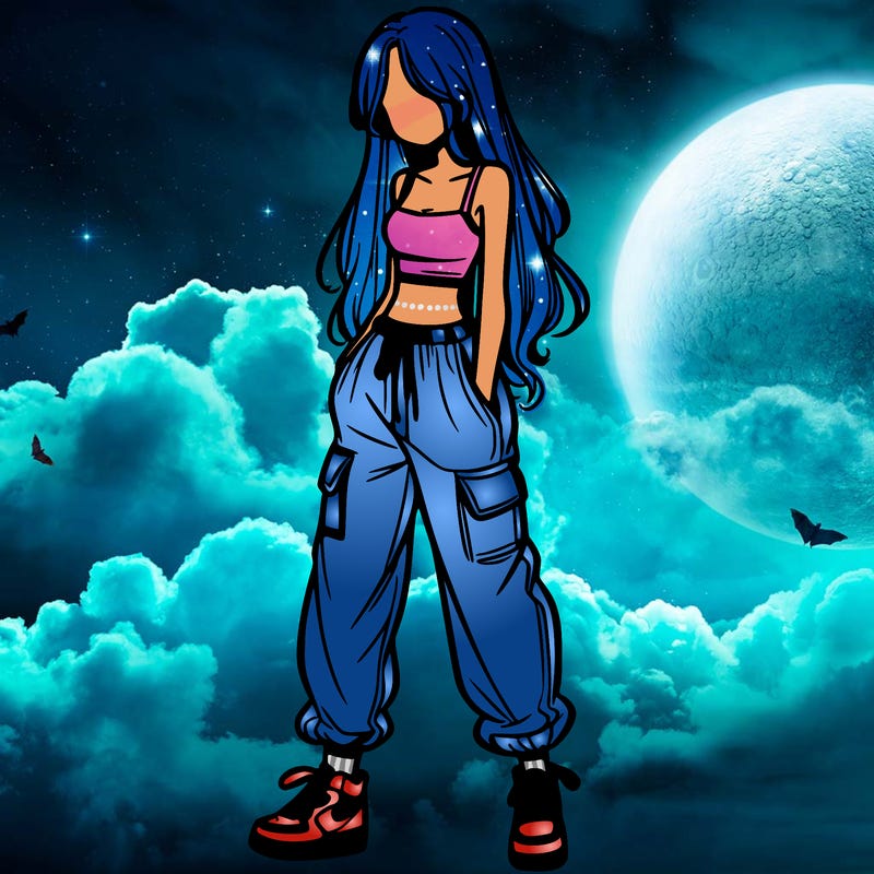 girl in baggy pants crop top and long hair