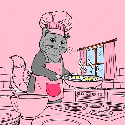 a cat wearing a apron and chef hat in a kitchen cooking breakfast