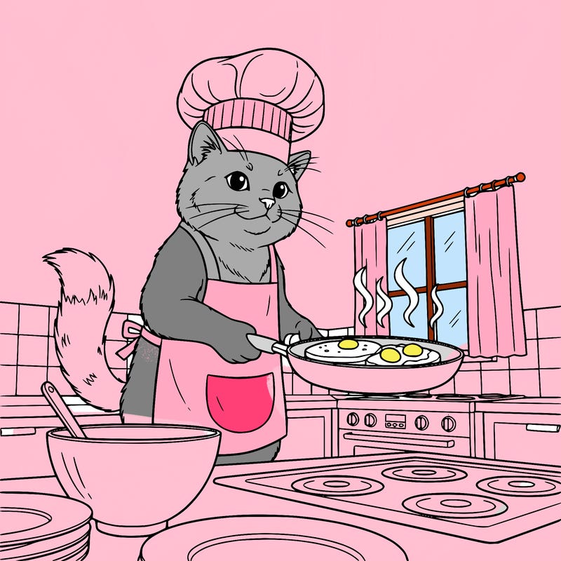 a cat wearing a apron and chef hat in a kitchen cooking breakfast