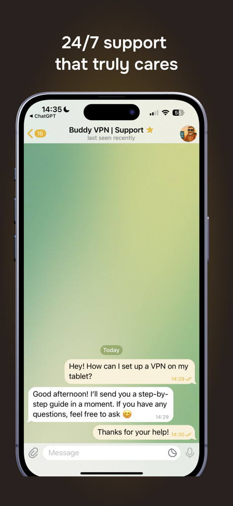 Buddy VPN support team providing 24/7 assistance through a chat interface