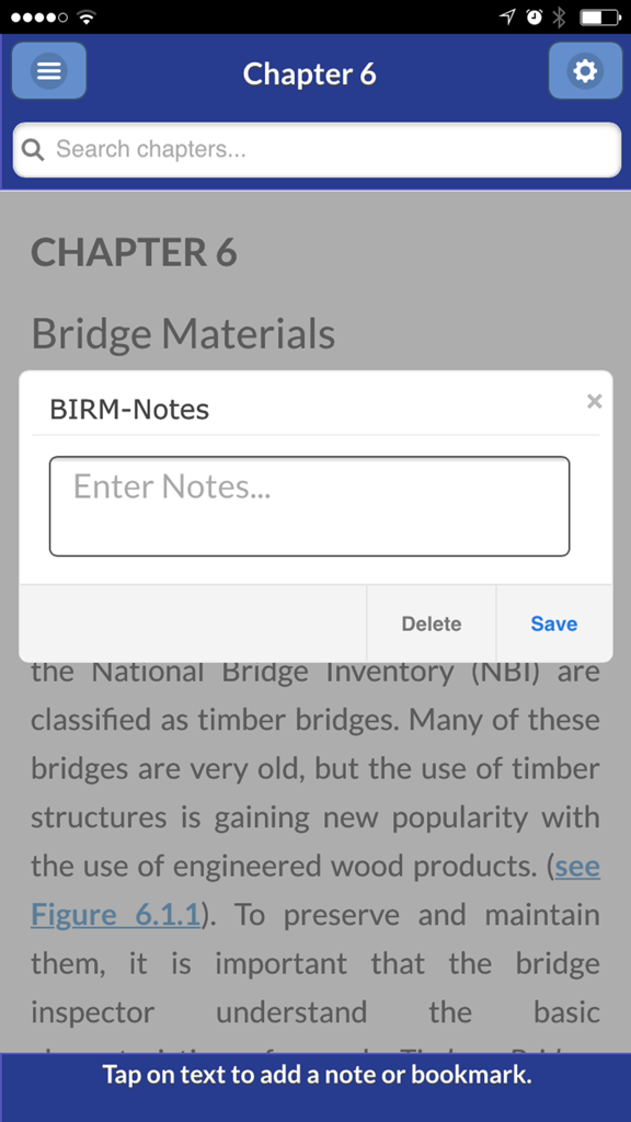 BIRM Mobile App - BIRM Mobile App screen for bridge materials chapter featuring a notes entry pop-up window.