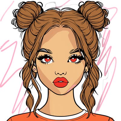 realistic girl with two buns in hair and lips