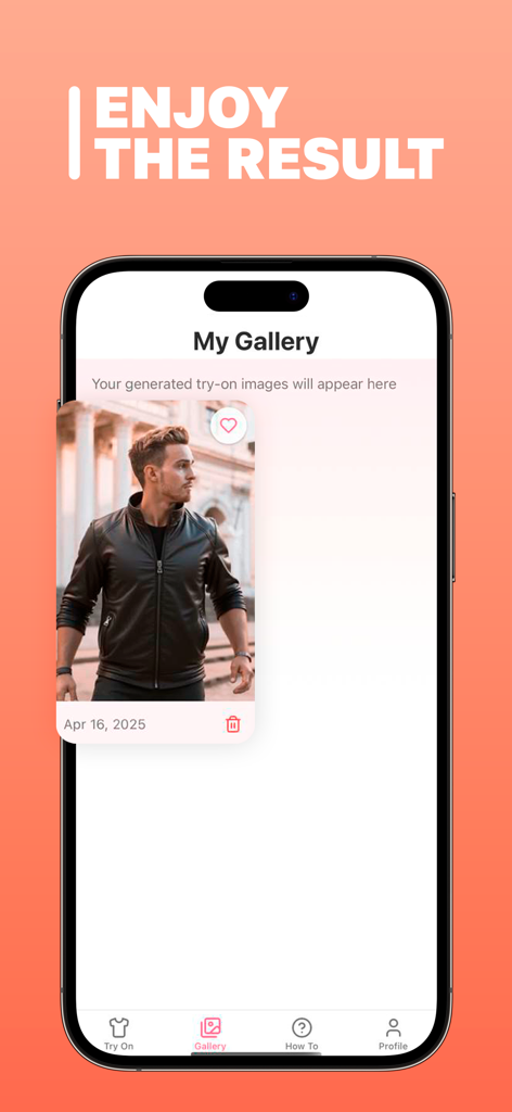 Interface de galerie de l'application PixelPro Vision montrant un essayage de tenue virtuelle sauvegardé