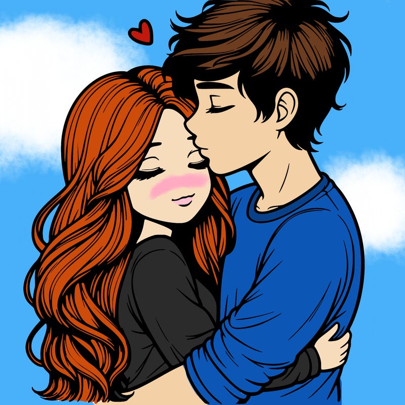 a realistic couple boy and girl hugging and kissing
