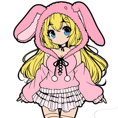 pretty anime girl wearing a fluffy hoodie with bunny ears on the hood and a skirt