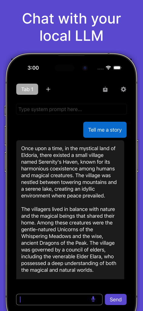 LLM Local Client - Mobile chat interface of the LLM Local Client app showing an AI generated story response