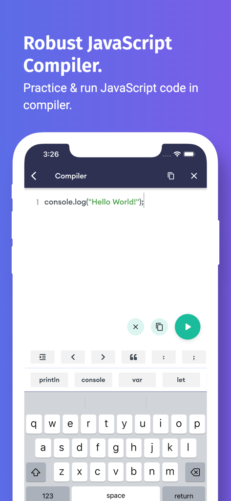 Mobile screen showing the robust JavaScript compiler interface with sample code