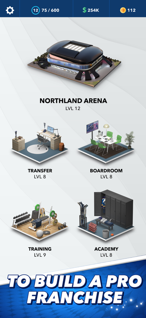 A menu screen in World Hockey Manager 2026 showing various facility upgrades including the arena, training center, and boardroom.