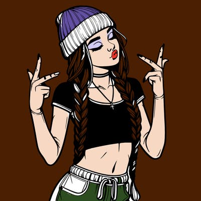 realistic teenage girl with braids and a beanie and crop top doing 🫶🏼