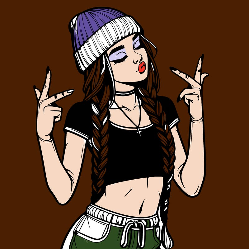 realistic teenage girl with braids and a beanie and crop top doing 🫶🏼