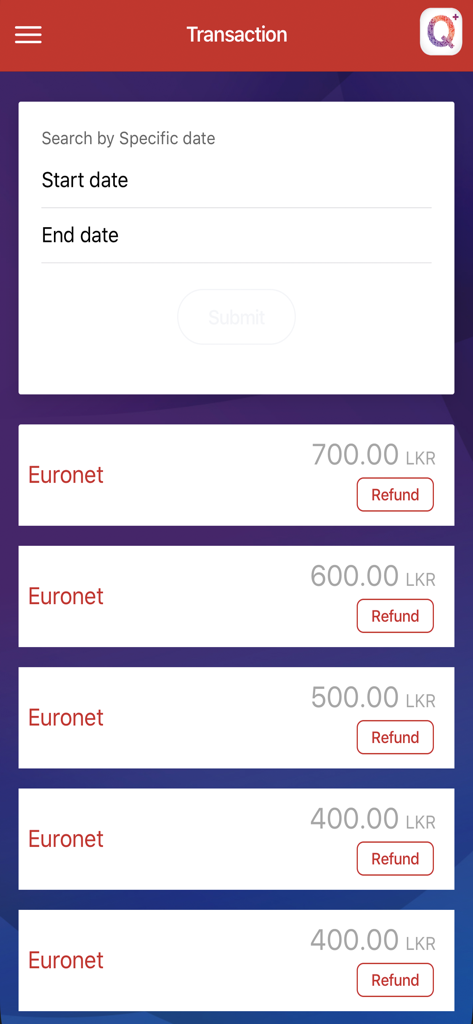ComBank QPlus Merchant - Una captura de pantalla de la página de historial de transacciones en la aplicación ComBank QPlus Merchant que muestra registros de pago y una opción de búsqueda por fecha.