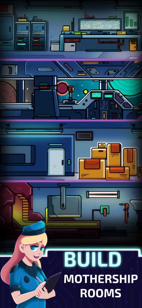 Idle Planet Miner - Un ufficiale donna in piedi sotto diverse sezioni orizzontali di stanze di una stazione spaziale con il testo Costruisci Stanze della Nave Madre.