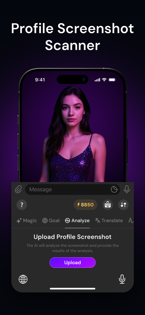 Flirtonic: AI Dating Assistant - Flirtonic AI dating assistant Profile Screenshot Scanner interface for analyzing match profiles.