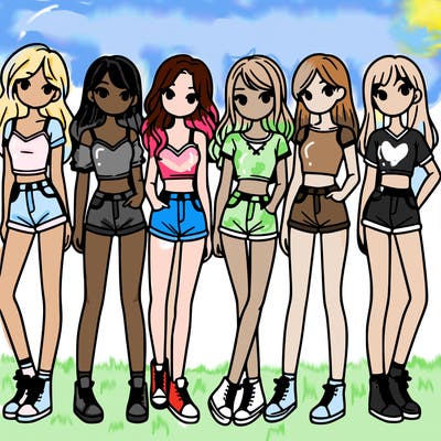 a group of girls wearing crop tops and shorts