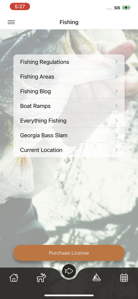 Go Outdoors GA app fishing section showing options for regulations and boat ramps