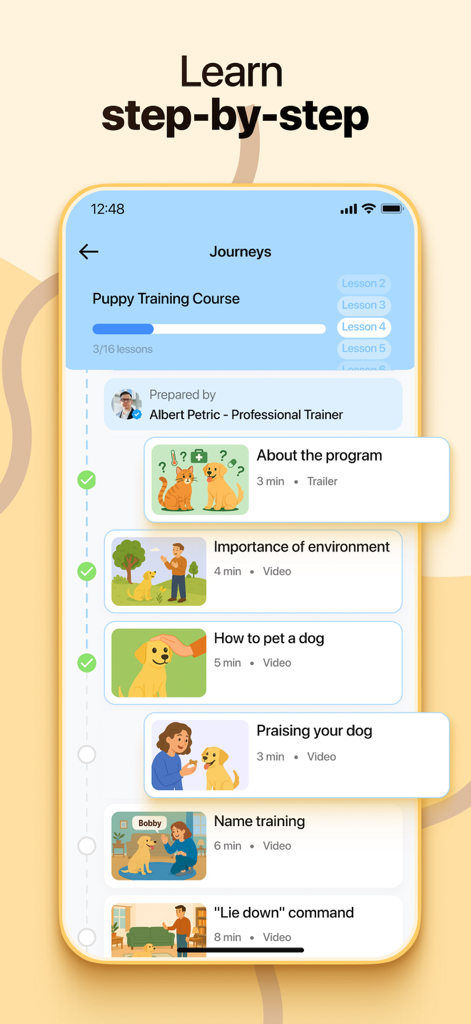 Step by step puppy training course lessons in the Dosty app