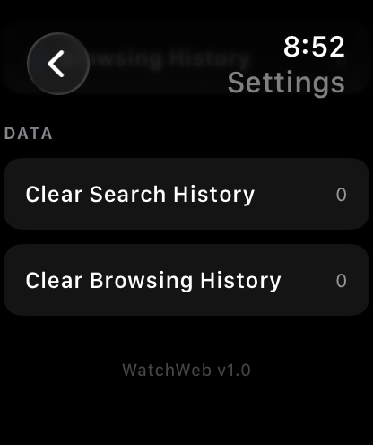Settings screen of WatchWeb browser on Apple Watch with options to clear search and browsing history