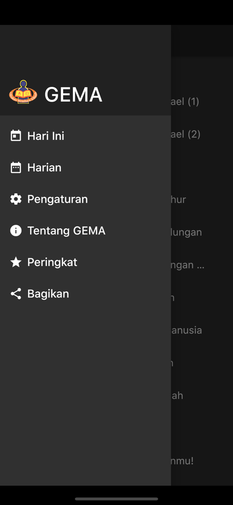 GEMA - Side navigation menu of the GEMA Bible reading app in Bahasa Indonesia showing options for daily reading and settings.