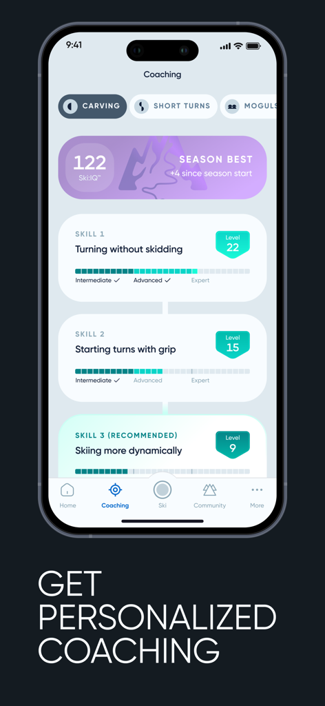 Carv Digital Ski Coach app interface showing personalized ski coaching levels and Ski IQ performance score.