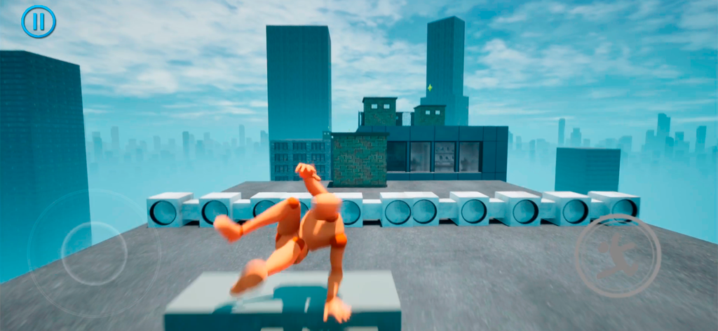 Rooftops Parkour Freerun - Eine 3D-Figur, die einen Parkour-Stunt auf einem Stadtdach mit Wolkenkratzern im Hintergrund ausführt.